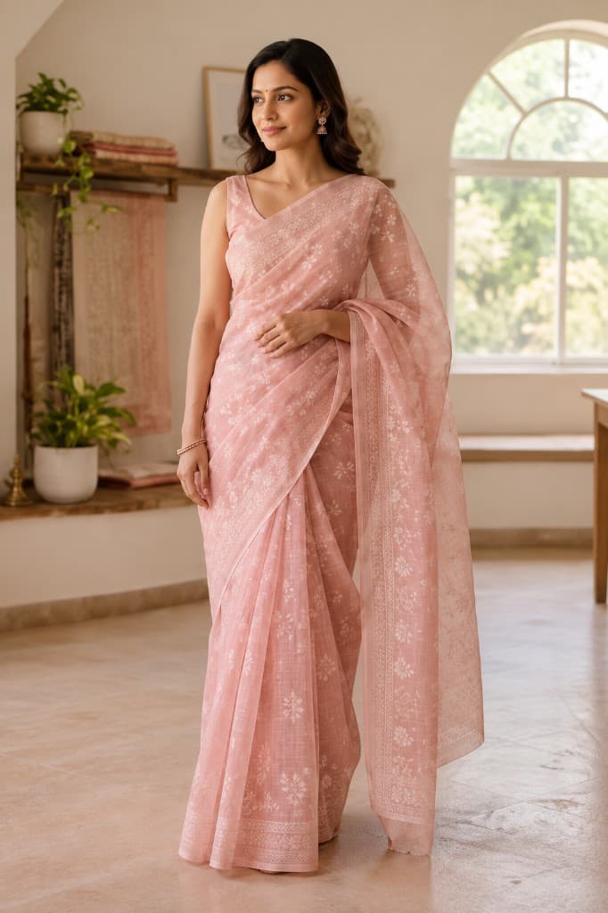 Woman wearing a light pink floral cotton saree