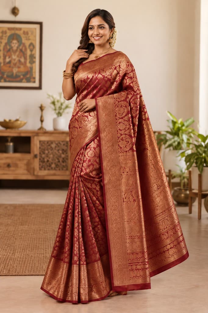 Woman wearing a maroon and gold silk Banarasi saree
